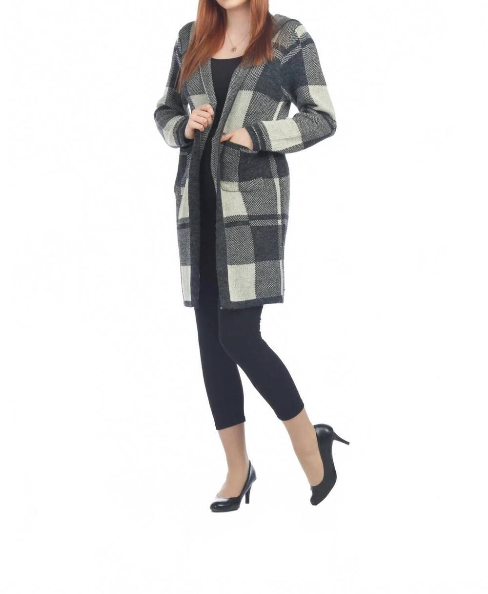 NEW PAPILLON check hooded cardigan with pockets in grey